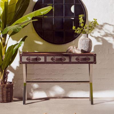 Kensington Townhouse Console Table - 3 Drawer - Brown and White Leather