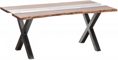 Product photograph of Hill Interiors Live Edge Glass Inlay 6 Seater Dining Table - Acacia Wood And Metal from Choice Furniture Superstore