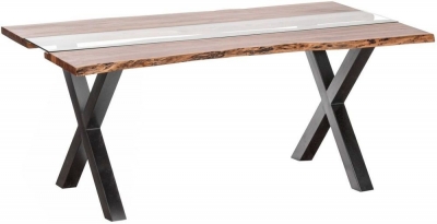 Product photograph of Live Edge Glass Inlay 6 Seater Dining Table - Acacia Wood And Metal from Choice Furniture Superstore