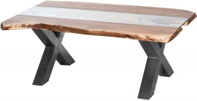 Product photograph of Live Edge Glass Inlay Coffee Table - Acacia Wood And Metal from Choice Furniture Superstore