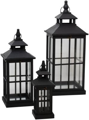 Hill Interiors Black Wood Window Style Lanterns With Open Top Set Of 3