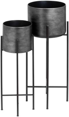 Hill Interiors Black Metal Grey Metallic Planters On Stand Set Of 2