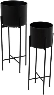 Hill Interiors Matt Black Metal Planters On Stand Set Of 2