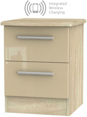 Product photograph of Knightsbridge 2 Drawer Bedside Cabinet With Integrated Wireless Charging - High Gloss Mushroom And Bardolino from Choice Furniture Superstore