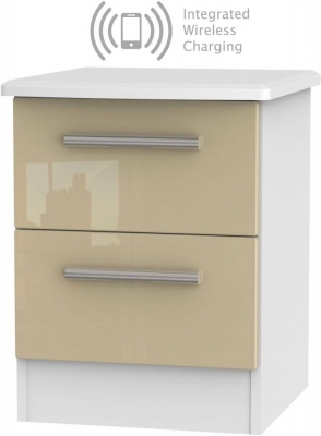 Product photograph of Knightsbridge 2 Drawer Bedside Cabinet With Integrated Wireless Charging - High Gloss Mushroom And White from Choice Furniture Superstore