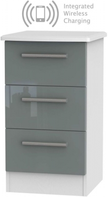 Product photograph of Knightsbridge 3 Drawer Bedside Cabinet With Integrated Wireless Charging - High Gloss Grey And White from Choice Furniture Superstore