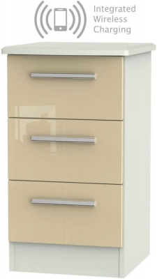 Product photograph of Knightsbridge 3 Drawer Bedside Cabinet With Integrated Wireless Charging - High Gloss Mushroom And Kaschmir Matt from Choice Furniture Superstore