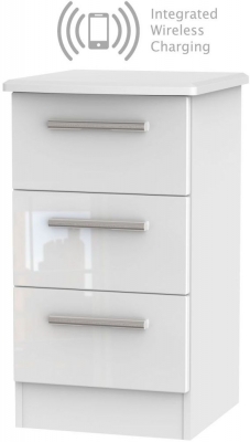 Knightsbridge 3 Drawer Bedside Cabinet with Integrated Wireless Charging - High Gloss White