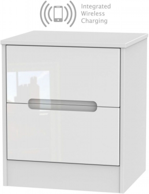 Product photograph of Monaco 2 Drawer Bedside Cabinet With Integrated Wireless Charging - High Gloss White from Choice Furniture Superstore