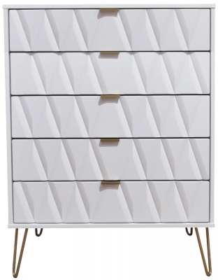 Product photograph of Diamond White 5 Drawer Chest With Gold Hairpin Legs from Choice Furniture Superstore