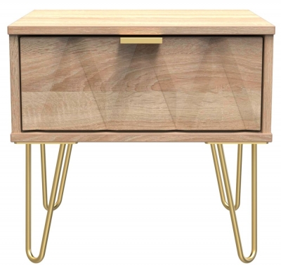 Product photograph of Diamond Oak Effect 1 Drawer Bedside Cabinet With Gold Hairpin Legs from Choice Furniture Superstore