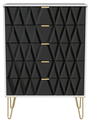 Product photograph of Diamond Black And White 5 Drawer Chest With Gold Hairpin Legs from Choice Furniture Superstore