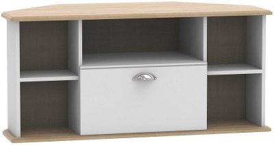 Product photograph of Victoria Grey And Riviera Oak 115cm Corner Tv Unit from Choice Furniture Superstore