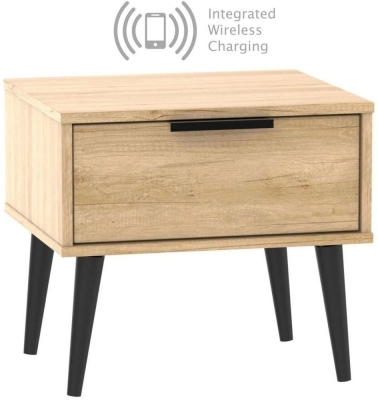 Product photograph of Hong Kong 1 Drawer Bedside Cabinet With Wooden Legs And Integrated Wireless Charging - Nebraska Oak from Choice Furniture Superstore