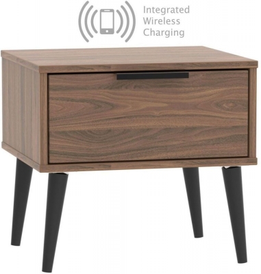 Product photograph of Hong Kong 1 Drawer Bedside Cabinet With Wooden Legs And Integrated Wireless Charging from Choice Furniture Superstore