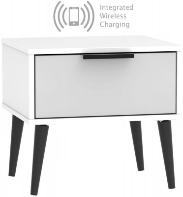 Product photograph of Hong Kong 1 Drawer Bedside Cabinet With Wooden Legs And Integrated Wireless Charging - Grey And White from Choice Furniture Superstore