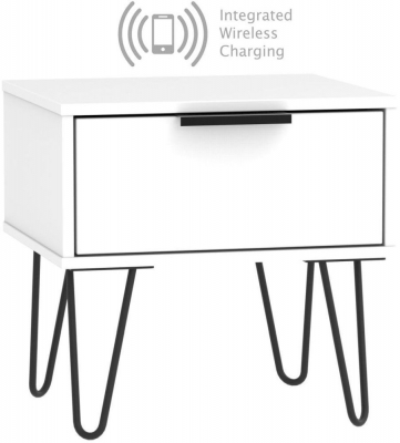 Product photograph of Hong Kong 1 Drawer Bedside Cabinet With Hairpin Legs And Integrated Wireless Charging - White from Choice Furniture Superstore