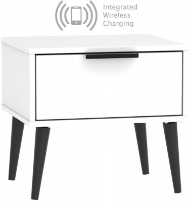 Product photograph of Hong Kong 1 Drawer Bedside Cabinet With Wooden Legs And Integrated Wireless Charging - White from Choice Furniture Superstore