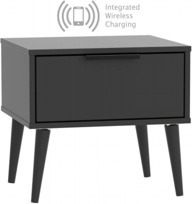 Product photograph of Hong Kong 1 Drawer Bedside Cabinet With Wooden Legs And Integrated Wireless Charging - Matt Black from Choice Furniture Superstore