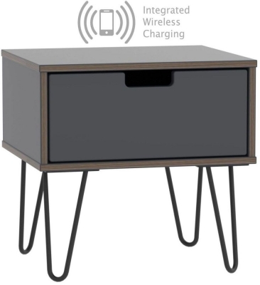 Product photograph of Shanghai Graphite 1 Door Bedside Cabinet With Hairpin Legs And Integrated Wireless Charging from Choice Furniture Superstore