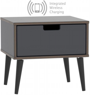 Product photograph of Shanghai Graphite 1 Door Bedside Cabinet With Wooden Legs And Integrated Wireless Charging from Choice Furniture Superstore