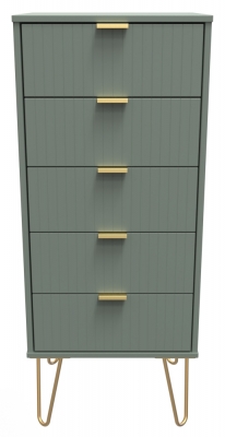 Product photograph of Linear Reed Green 5 Drawer Tall Bedside Cabinet With Hairpin Legs from Choice Furniture Superstore