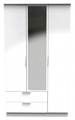 Product photograph of Plymouth White Gloss 3 Door Tall Combi Wardrobe - 1 Mirror And Lhf 2 Drawers from Choice Furniture Superstore