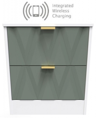 Product photograph of Las Vegas Matt White And Reed Green 2 Drawer Bedside Cabinet With Integrated Wireless Charging from Choice Furniture Superstore