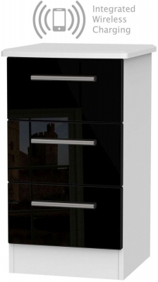 Clearance Knightsbridge 3 Drawer Bedside Cabinet With Integrated Wireless Charging High Gloss Black And White P32