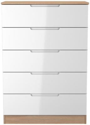 Milan White Gloss And Bardolino 5 Drawer Narrow Chest