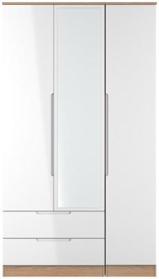 Milan White Gloss And Bardolino 2 Drawer 3 Door Mirror Combi Wardrobe W 111cm X D 53cm