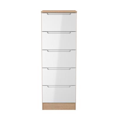 Milan White Gloss and Oak Effect 5 Drawer Narrow Chest