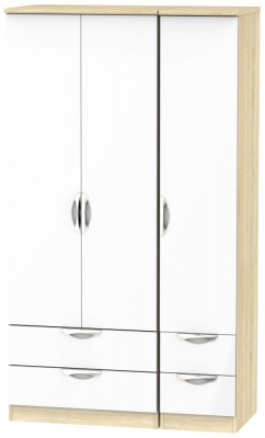 Product photograph of Camden White Gloss And Oak Effect 3 Door Tall Triple Wardrobe - 4 Drawers from Choice Furniture Superstore