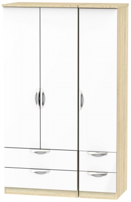 Product photograph of Camden White Gloss And Oak Effect 3 Door Triple Wardrobe - 4 Drawers from Choice Furniture Superstore