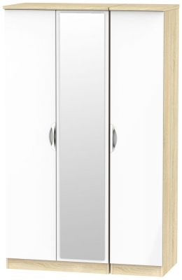 Product photograph of Camden White Gloss And Oak Effect 3 Door Triple Wardrobe - 1 Mirror from Choice Furniture Superstore