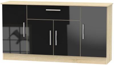 Contrast Black Gloss And Oak Effect Wide Sideboard 4 Doors