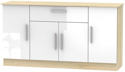 Contrast White Gloss And Oak Effect Wide Sideboard 4 Doors