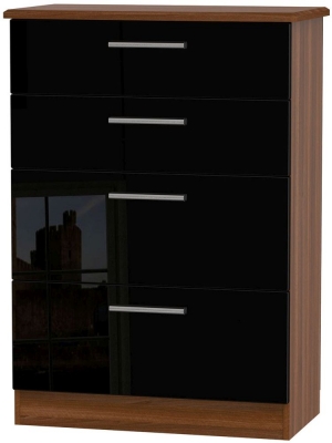 Knightsbridge Black Gloss And Walnut Effect 4 Drawer Deep Chest