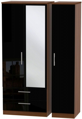 Product photograph of Knightsbridge Black Gloss And Walnut Effect 3 Door Combi Wardrobe - 1 Mirror And Lhf 2 Drawers from Choice Furniture Superstore