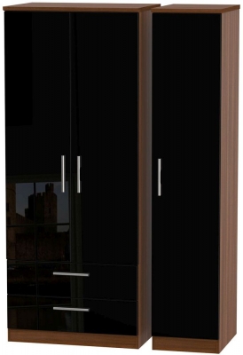 Product photograph of Knightsbridge Black Gloss And Walnut Effect 3 Door Triple Wardrobe - Lhf 2 Drawers from Choice Furniture Superstore