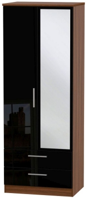 Product photograph of Knightsbridge Black Gloss And Walnut Effect 2 Door Tall Combi Wardrobe - 1 Mirror from Choice Furniture Superstore