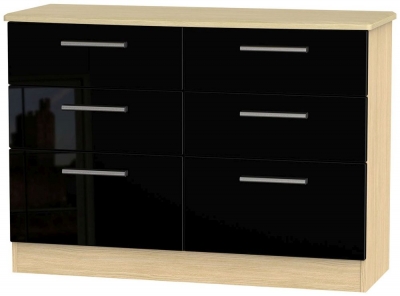 Product photograph of Knightsbridge Black Gloss And Light Oak 6 Drawer Midi Chest from Choice Furniture Superstore