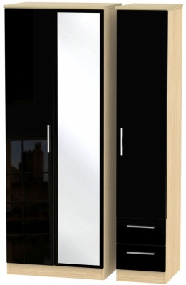 Product photograph of Knightsbridge Black Gloss And Light Oak 3 Door Tall Combi Wardrobe - 1 Mirror And Rhf 2 Drawers from Choice Furniture Superstore