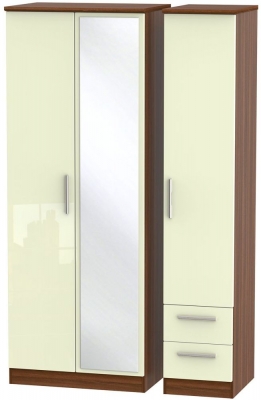 Product photograph of Knightsbridge Cream Gloss And Walnut Effect 3 Door Tall Combi Wardrobe - 1 Mirror And Rhf 2 Drawers from Choice Furniture Superstore