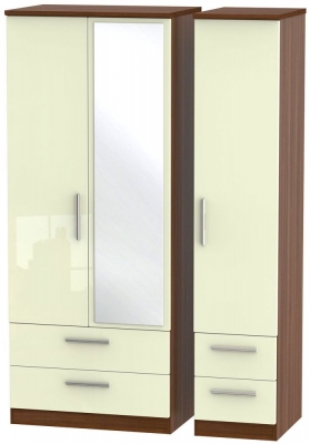 Product photograph of Knightsbridge Cream Gloss And Walnut Effect 3 Door Combi Wardrobe - 1 Mirror from Choice Furniture Superstore