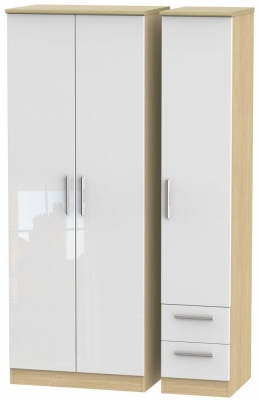 Product photograph of Knightsbridge White Gloss And Light Oak 3 Door Tall Triple Wardrobe - Rhf 2 Drawers from Choice Furniture Superstore