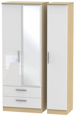 Product photograph of Knightsbridge White Gloss And Light Oak 3 Door Tall Combi Wardrobe - 1 Mirror And Lhf 2 Drawers from Choice Furniture Superstore