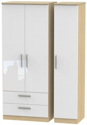 Product photograph of Knightsbridge White Gloss And Light Oak 3 Door Triple Wardrobe - Lhf 2 Drawers from Choice Furniture Superstore