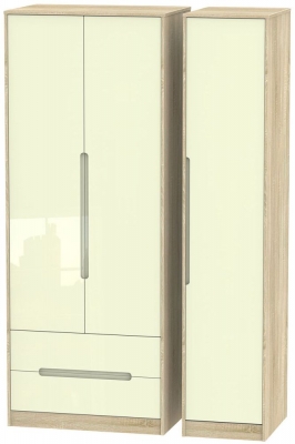 Product photograph of Monaco Cream Gloss And Oak Effect 3 Door Tall Triple Wardrobe - Lhf 2 Drawers from Choice Furniture Superstore