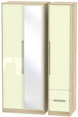 Product photograph of Monaco Cream Gloss And Oak Effect 3 Door Tall Combi Wardrobe - 1 Mirror And Rhf 2 Drawers from Choice Furniture Superstore